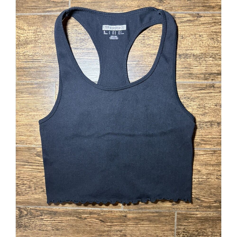 Forever 21 Black Ribbed Racerback Crop Tank - M